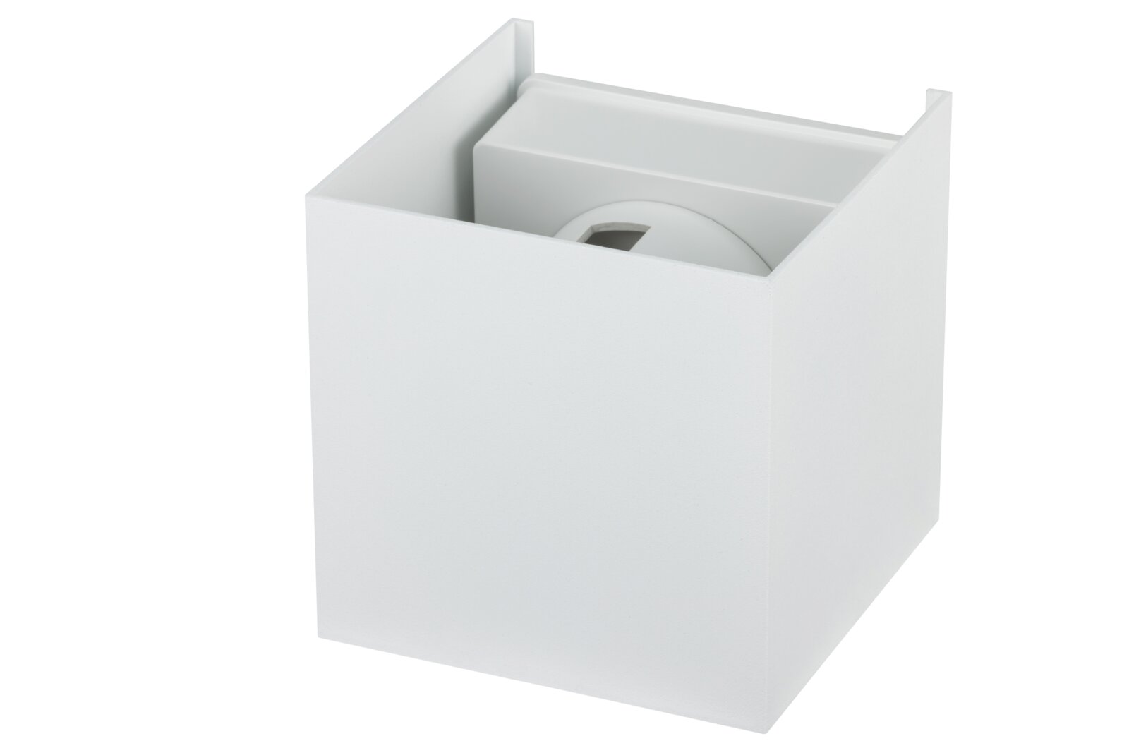 Weiße LED-Wandleuchte in kubischer Form, seitliche Perspektive