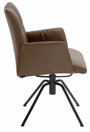 Seitliche Ansicht eines braunen Sessels mit schwarzem Metallgestell und gepolsterten Armlehnen.