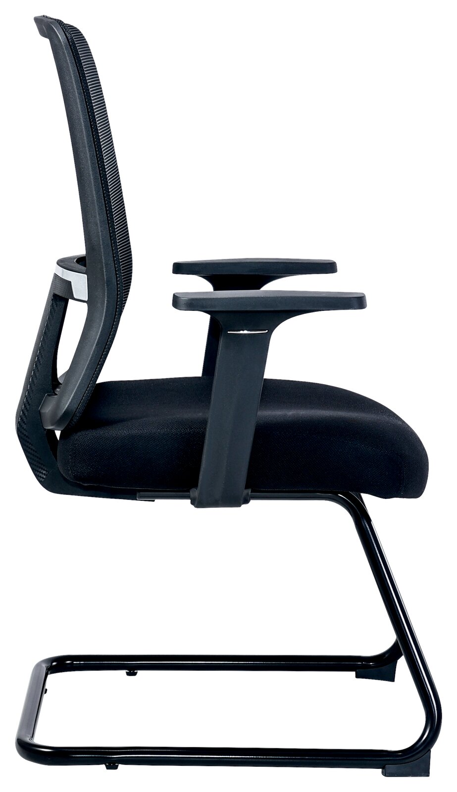 Moderner schwarzer Besucherstuhl mit Netzrückenlehne und Armlehnen, seitliche Ansicht