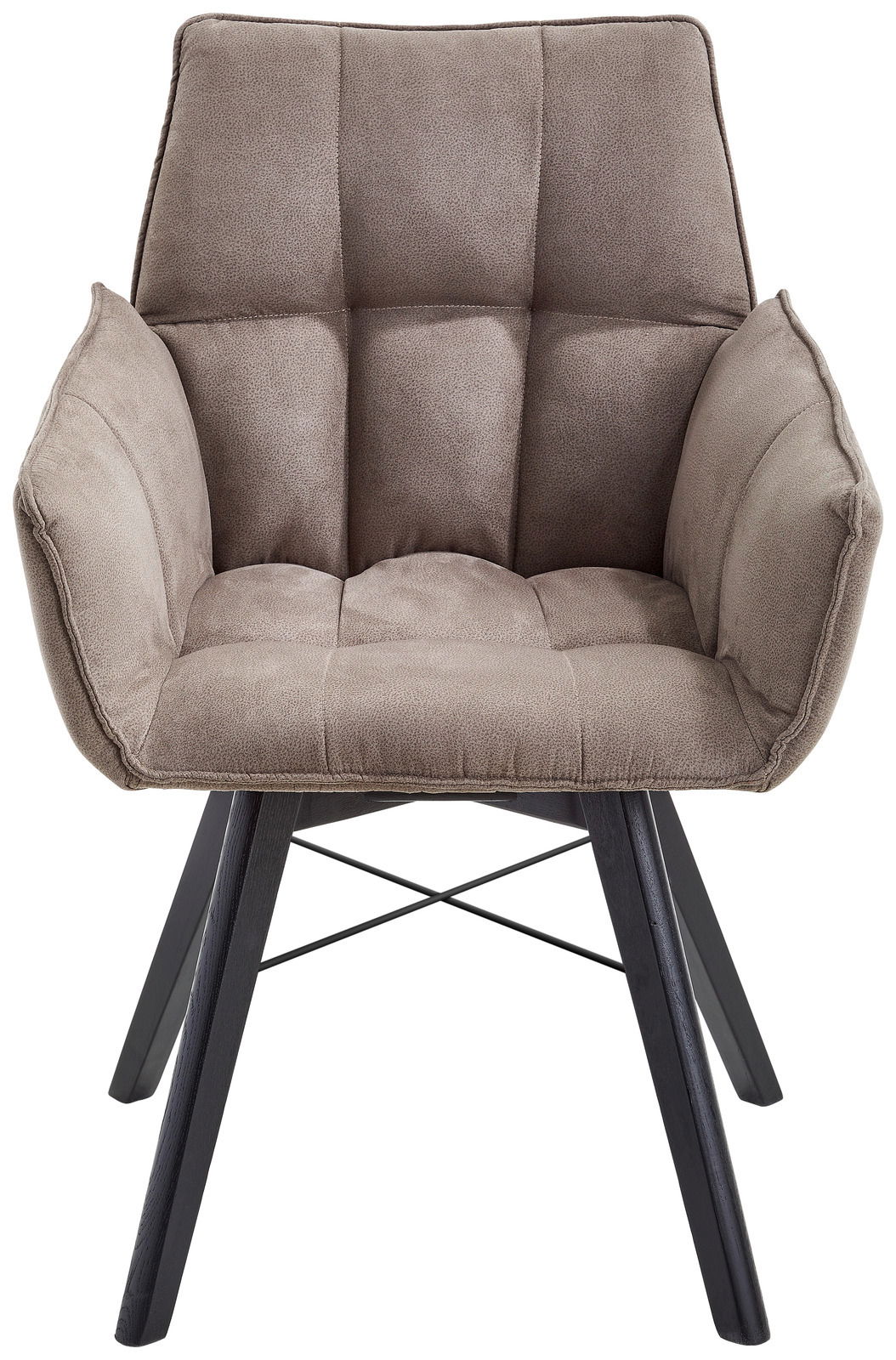 Frontansicht eines bequemen Armlehnenstuhls mit gepolstertem Sitz und Rückenlehne in neutralem Braunton, auf schwarzen Holzbeinen.