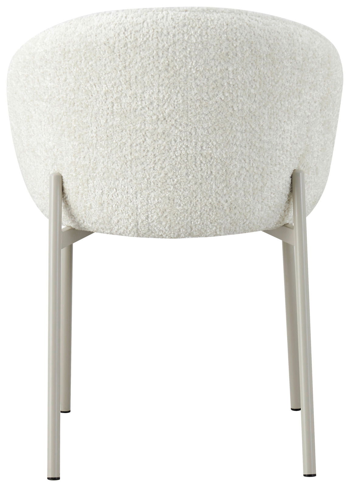 Rückansicht eines weißen Armlehnstuhls mit Metallbeinen, Modell MARVIN