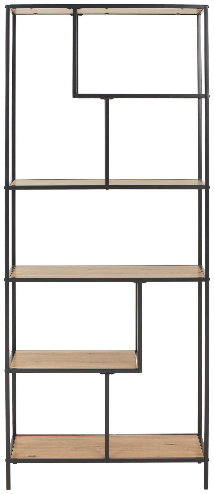 Hohes Regal mit schwarzem Metallrahmen und mehreren Holzablagen, frontal betrachtet.