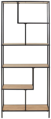 Hohes Regal mit schwarzem Metallrahmen und mehreren Holzablagen, frontal betrachtet.