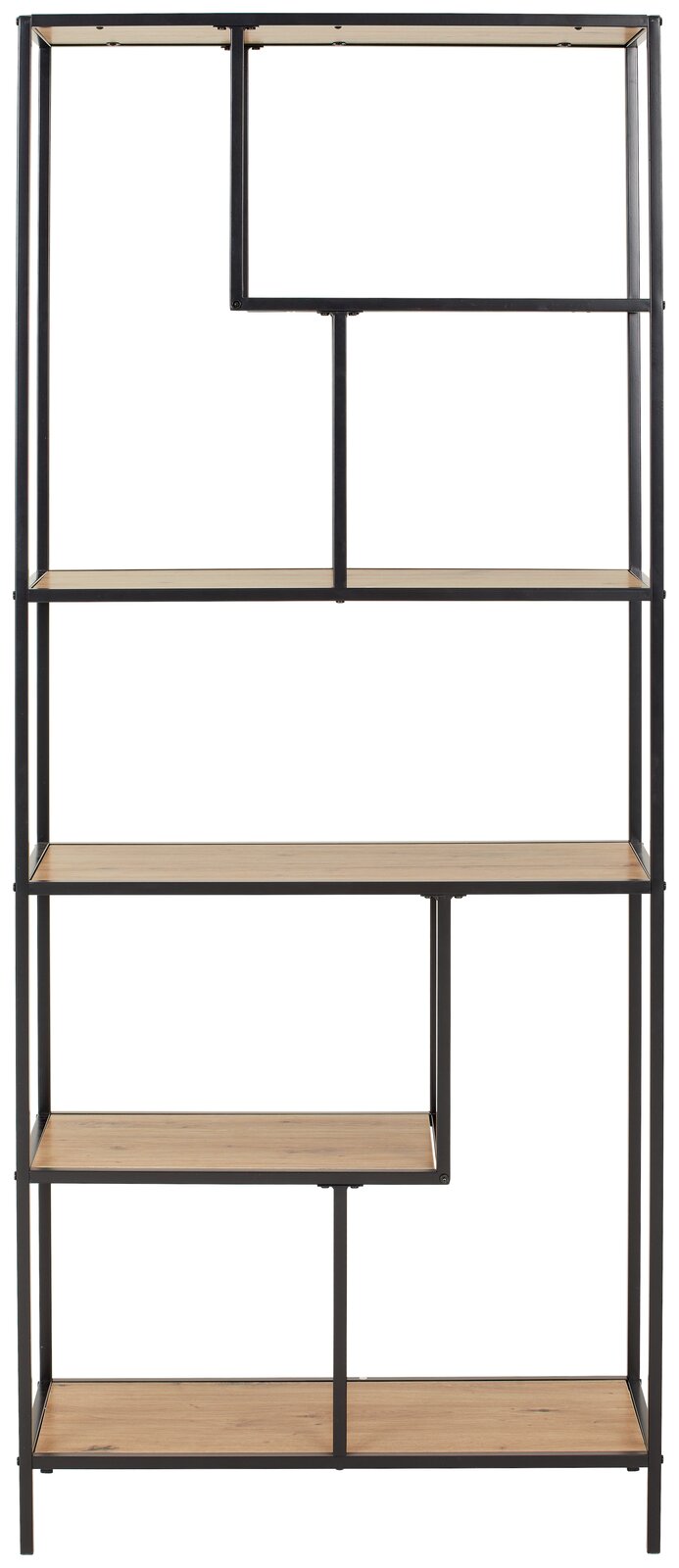 Hohes Regal mit schwarzem Metallrahmen und mehreren Holzablagen, frontal betrachtet.