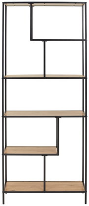 Hohes Regal mit schwarzem Metallrahmen und mehreren Holzablagen, frontal betrachtet.