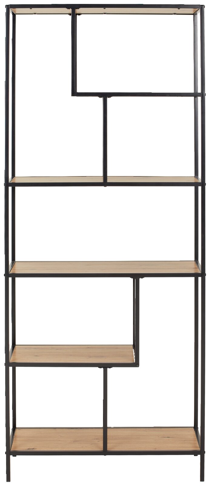 Hoog rek met een zwart metalen frame en meerdere houten planken, gezien vanaf de voorkant.