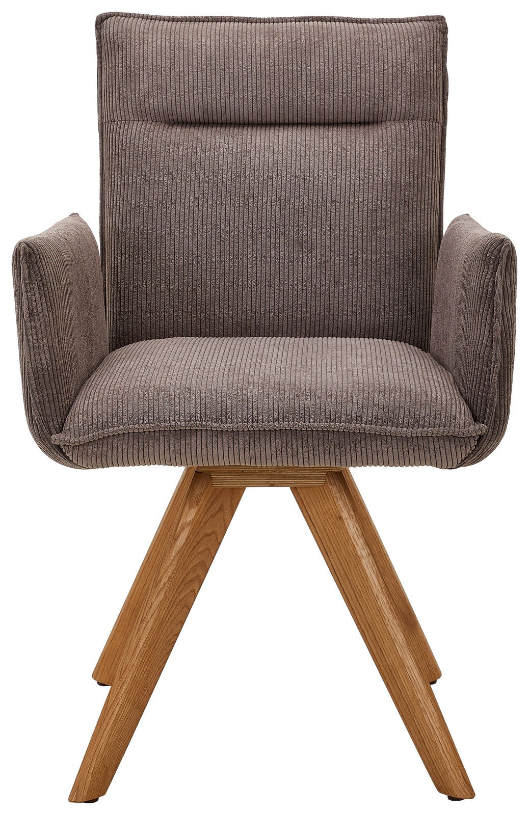 Frontansicht eines Armlehnstuhls mit braunem Stoffbezug und Holzbeinen