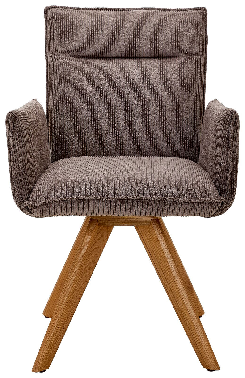 Frontansicht eines Armlehnstuhls mit braunem Stoffbezug und Holzbeinen
