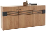 Holz-Sideboard mit drei Türen und schwarzen Akzenten, seitliche Perspektive