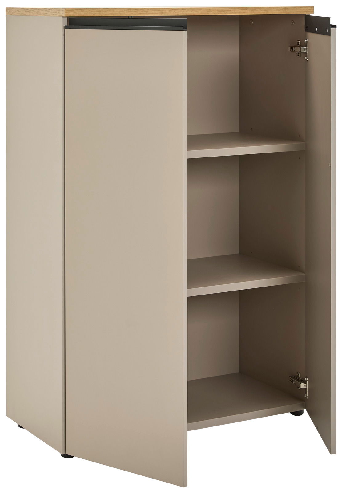 Aktenschrank mit geöffneter Tür, zeigt zwei Einlegeböden, Perspektive von vorne links