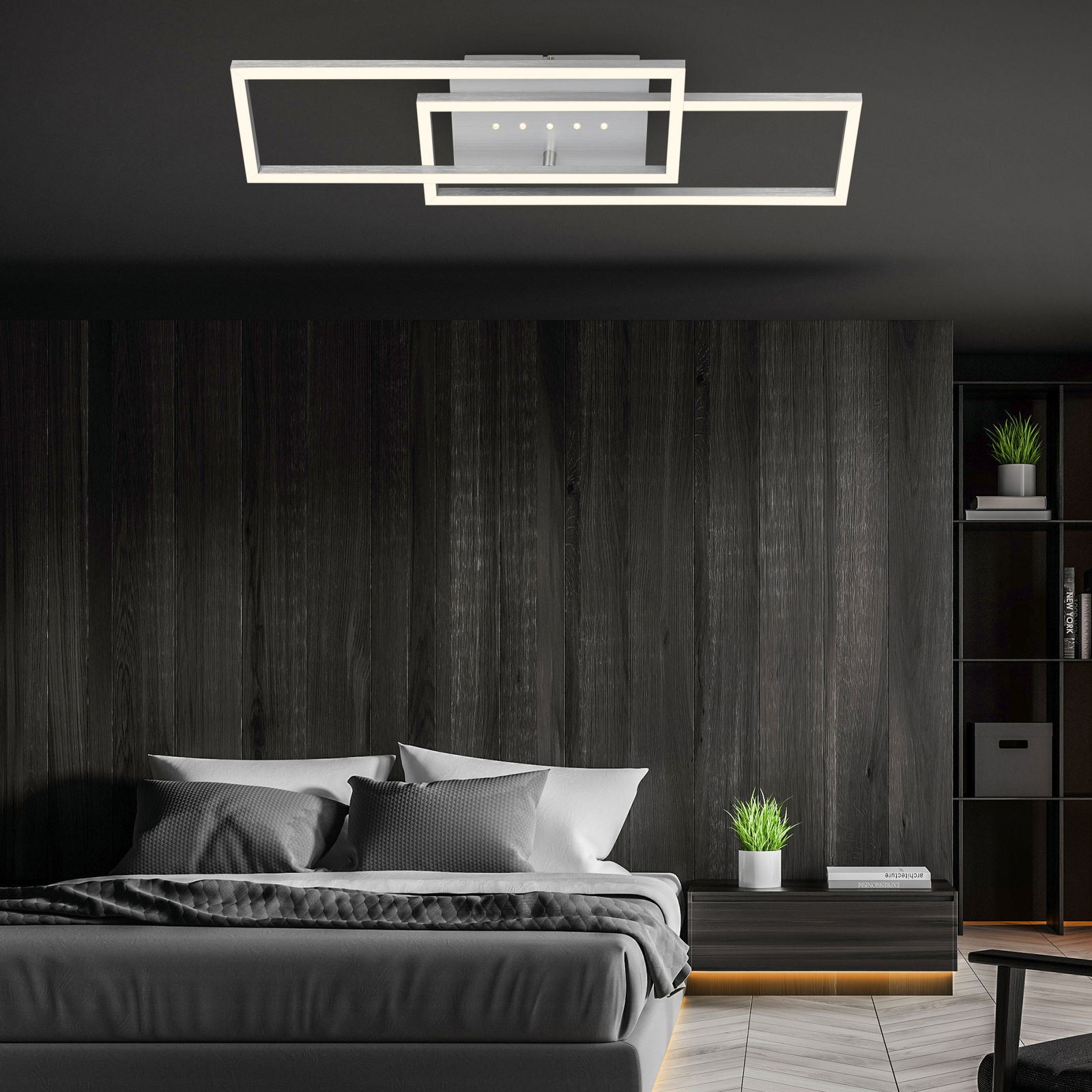 Moderne LED Deckenleuchte mit geometrischem Design, von unten betrachtet in einem stilvollen Schlafzimmer mit dunklen Holzwänden.