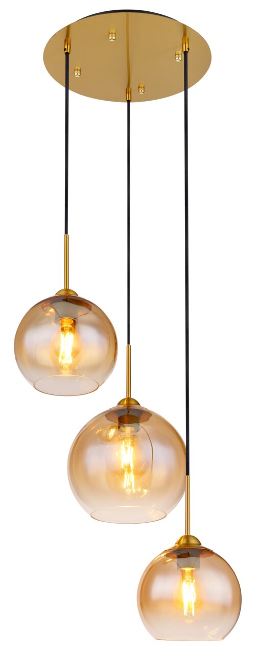 Moderne Hängeleuchte mit drei kugelförmigen, bernsteinfarbenen Glaskörpern, die von einer goldenen Deckenplatte hängen. Frontale Perspektive.
