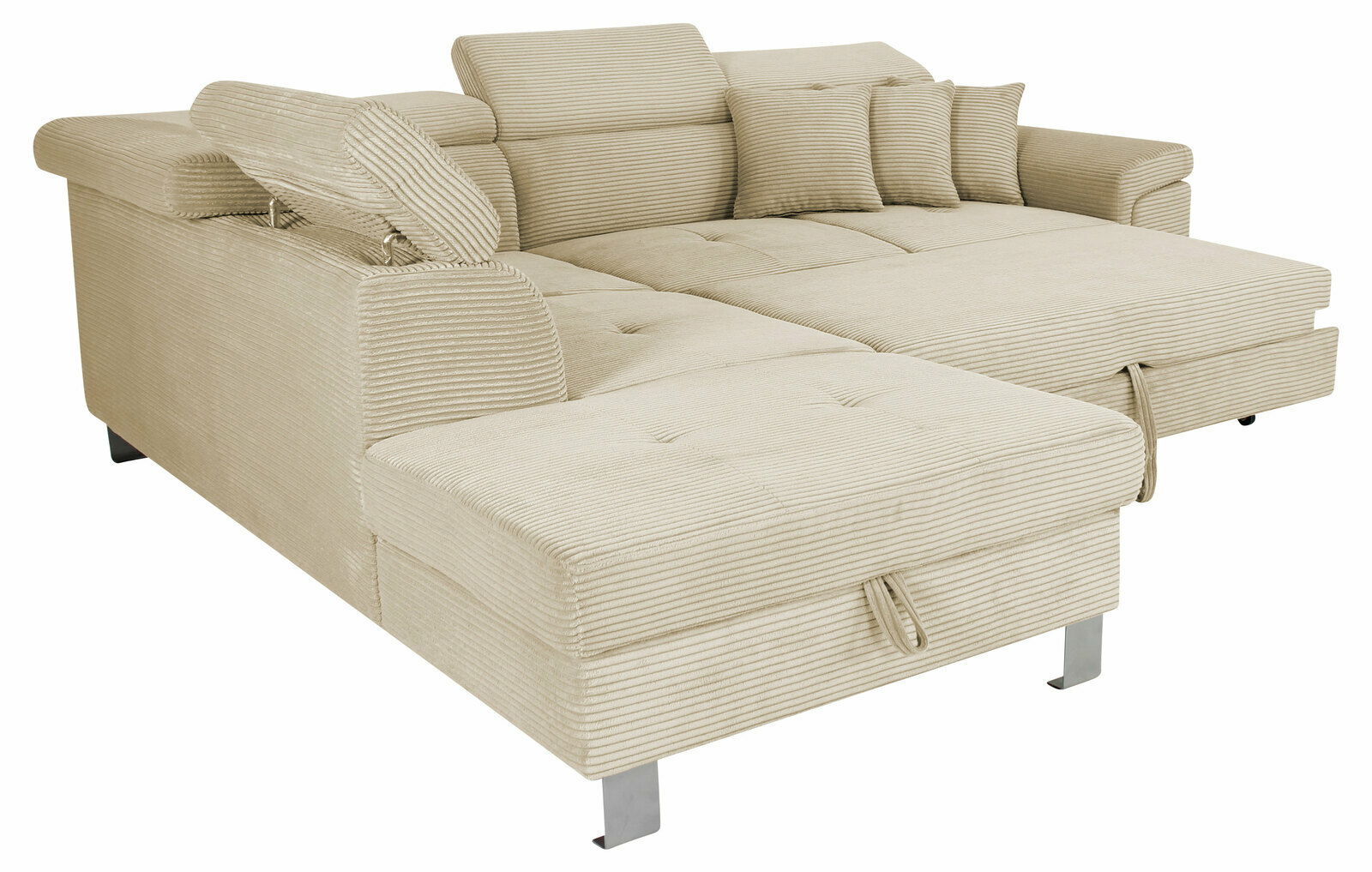 Beige Ecksofa mit verstellbaren Kopfstützen und Kissen, Perspektive von vorne links