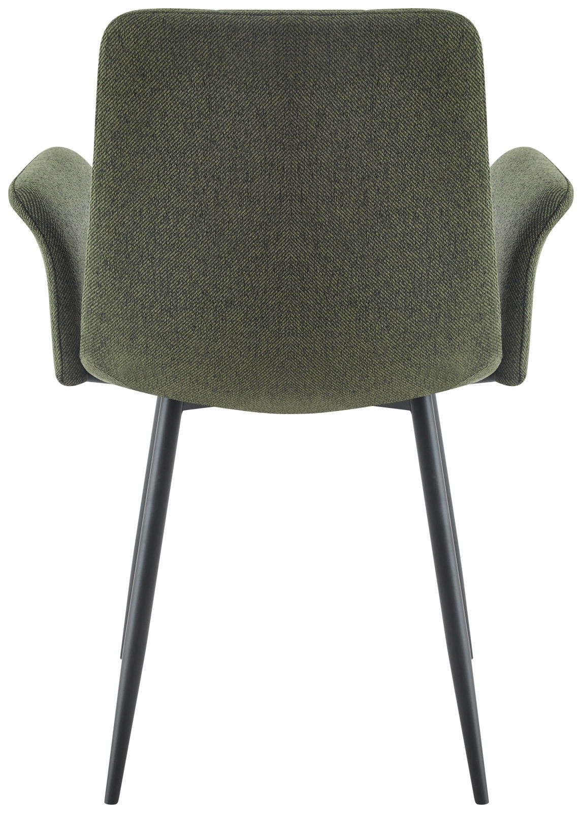 Rückansicht eines grünen Armlehnstuhls mit schwarzen Beinen