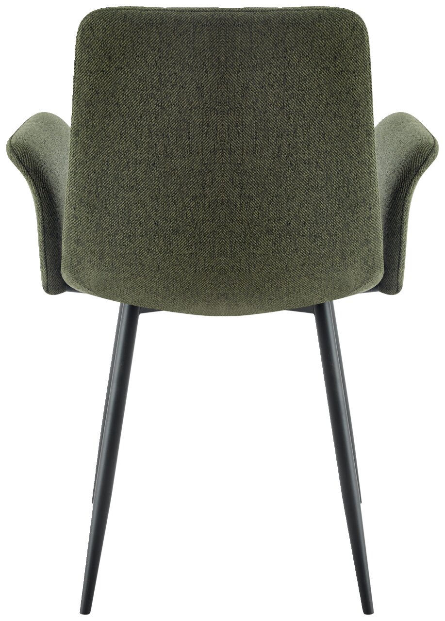Rückansicht eines grünen Armlehnstuhls mit schwarzen Beinen