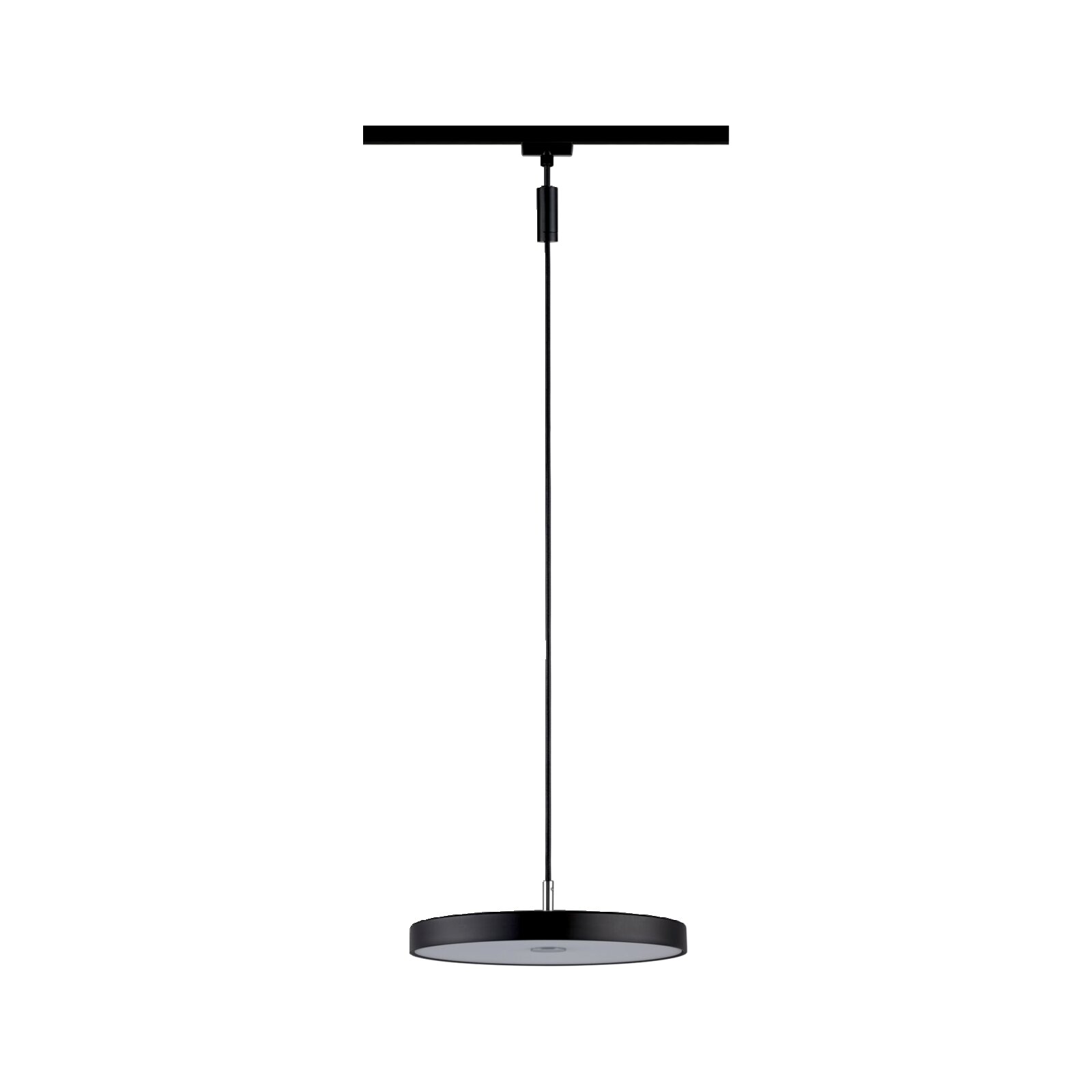 Zwarte, moderne Hildor-hanglamp met rail, gezien vanaf de voorkant, met een ronde, platte lampenkap en een slanke kabel.