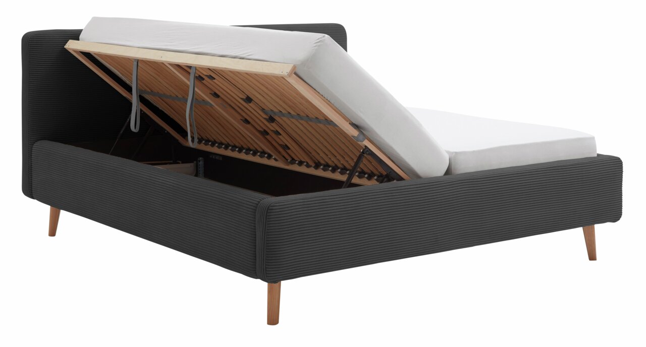 Polsterbett mit hochgeklappter Matratze und Stauraum, seitliche Perspektive