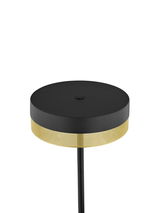 Nahaufnahme der LED-Stehleuchte MESH mit schwarzem, rundem Kopf und goldener Akzentuierung, von oben betrachtet.
