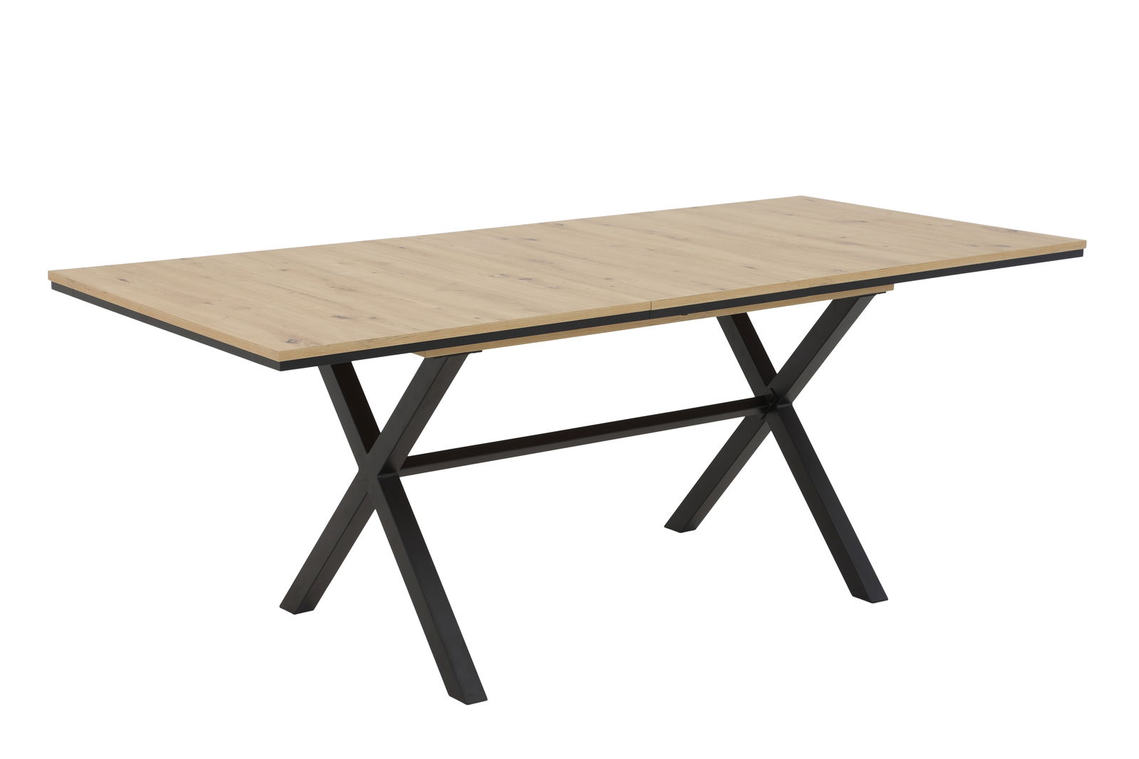 Moderner Esstisch mit Holzplatte und schwarzen Metallbeinen in X-Form, seitliche Perspektive