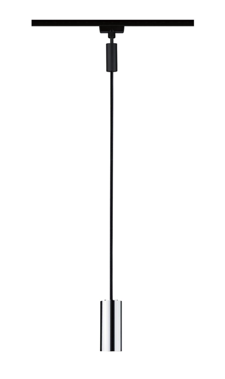 Moderne Hängelampe mit zylindrischem, silbernem Lampenschirm, von der Seite betrachtet.