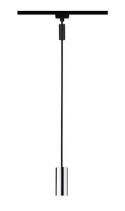 Moderne Hängelampe mit zylindrischem, silbernem Lampenschirm, von der Seite betrachtet.