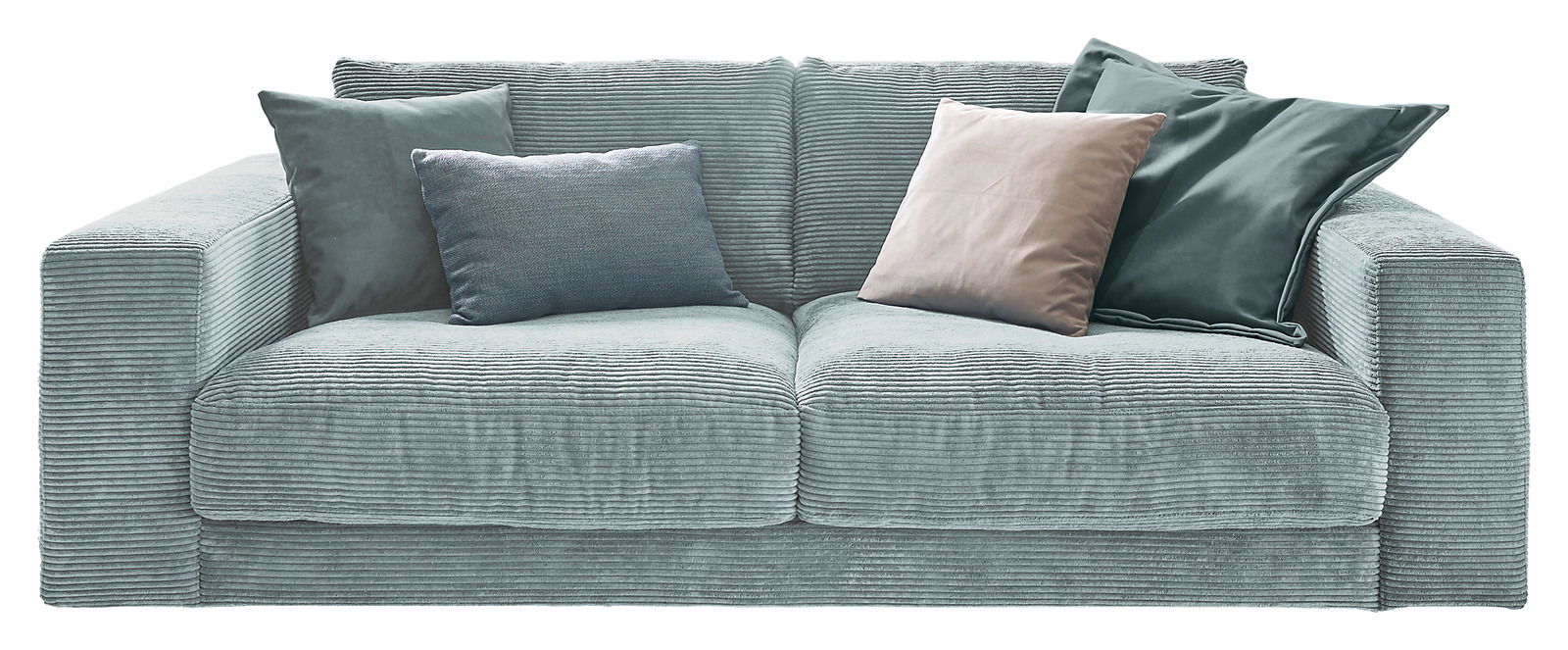 Zweisitzer-Sofa in hellblauem Cordstoff mit mehreren Kissen, Frontalansicht