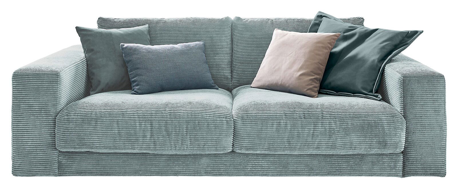 Lounge Handmade Sofa 2-Sitzer LH-SAMBIA Zweisitzer-Sofa in hellblauem Cordstoff mit mehreren Kissen, Frontalansicht