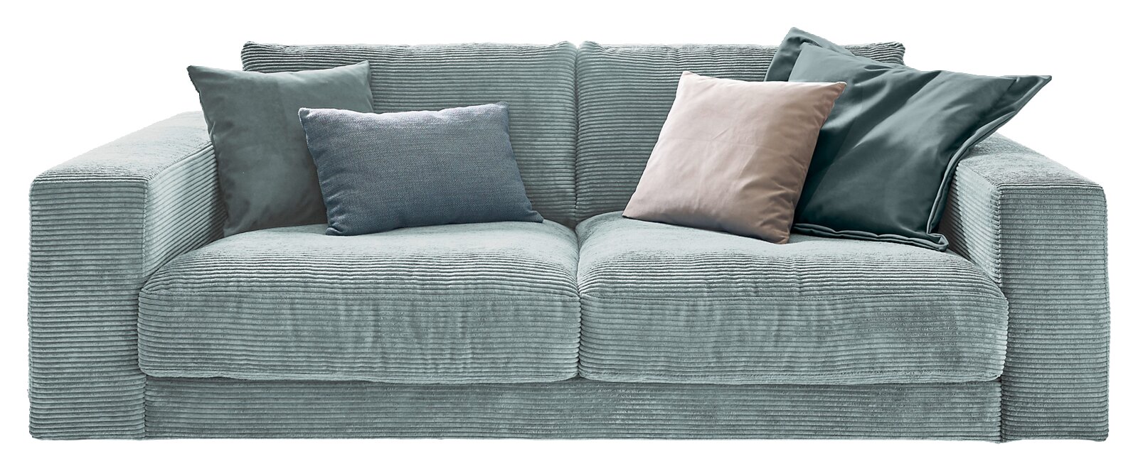Zweisitzer-Sofa in hellblauem Cordstoff mit mehreren Kissen, Frontalansicht