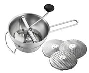 Passiergerät aus Edelstahl mit Kurbel und drei auswechselbaren Scheiben, Ansicht von oben.