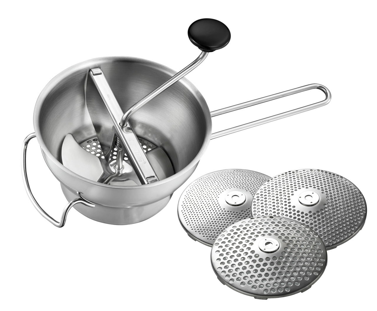 GEFU Passiergerät FLOTTE LOTTE Passiergerät aus Edelstahl mit Kurbel und drei auswechselbaren Scheiben, Ansicht von oben.