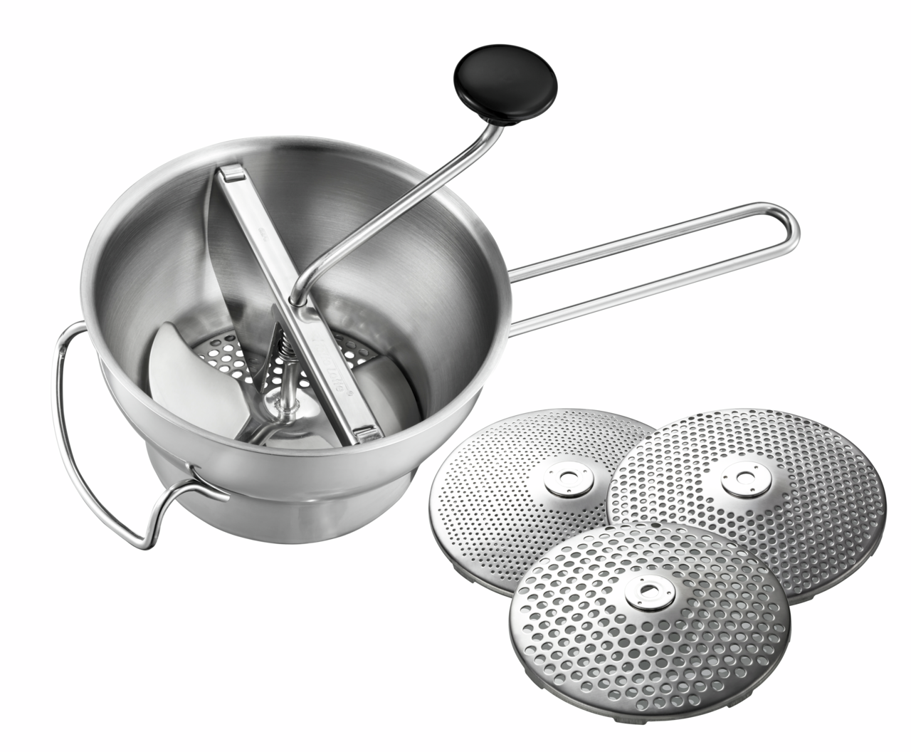 GEFU Passiergerät FLOTTE LOTTE Passiergerät aus Edelstahl mit Kurbel und drei auswechselbaren Scheiben, Ansicht von oben.