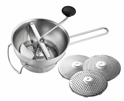 Passiergerät aus Edelstahl mit Kurbel und drei auswechselbaren Scheiben, Ansicht von oben.