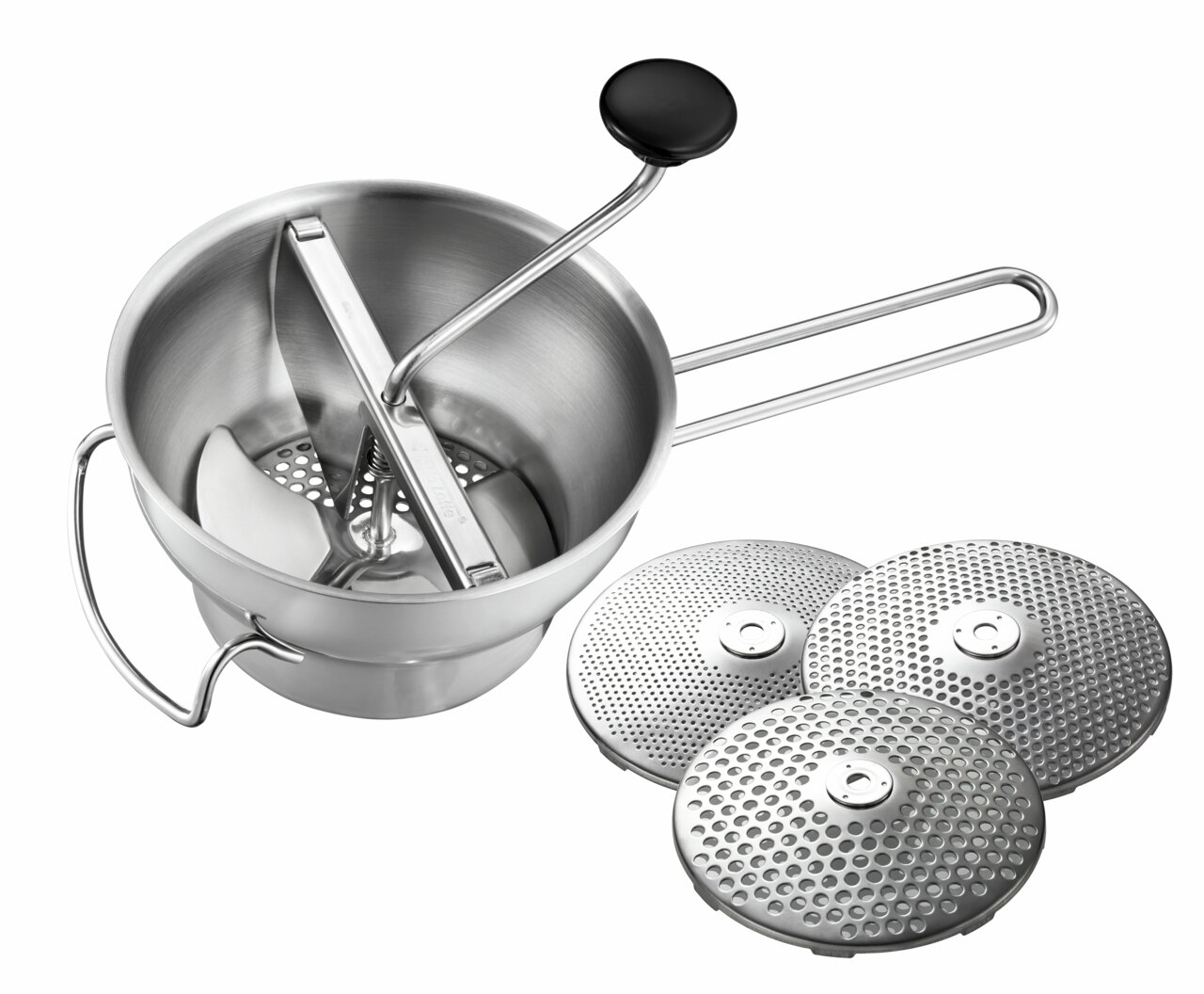 GEFU Passiergerät FLOTTE LOTTE Passiergerät aus Edelstahl mit Kurbel und drei auswechselbaren Scheiben, Ansicht von oben.