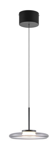 Moderne LED-Hängeleuchte in schwarzem Design, seitliche Perspektive