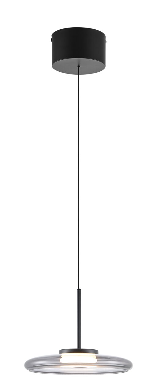 Moderne LED-Hängeleuchte in schwarzem Design, seitliche Perspektive