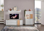Zicht op de woonkamer met een modern tv-kastje, wandplank en hoogkast in wit met houten accenten, versierd met vazen en planten, zijaanzicht.