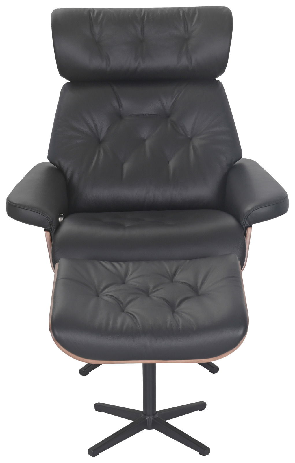 Vorderansicht eines schwarzen Relaxsessels mit Hocker, gepolstert und mit Knopfdetails.