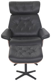 Vorderansicht eines schwarzen Relaxsessels mit Hocker, gepolstert und mit Knopfdetails.