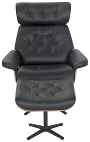 Vorderansicht eines schwarzen Relaxsessels mit Hocker, gepolstert und mit Knopfdetails.