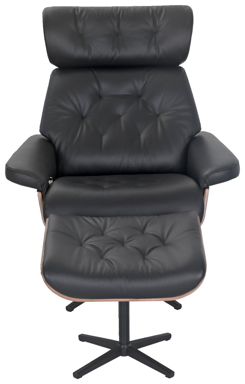Vorderansicht eines schwarzen Relaxsessels mit Hocker, gepolstert und mit Knopfdetails.