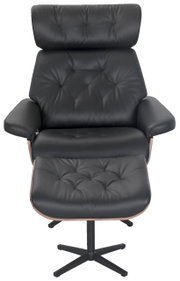 Vorderansicht eines schwarzen Relaxsessels mit Hocker, gepolstert und mit Knopfdetails.