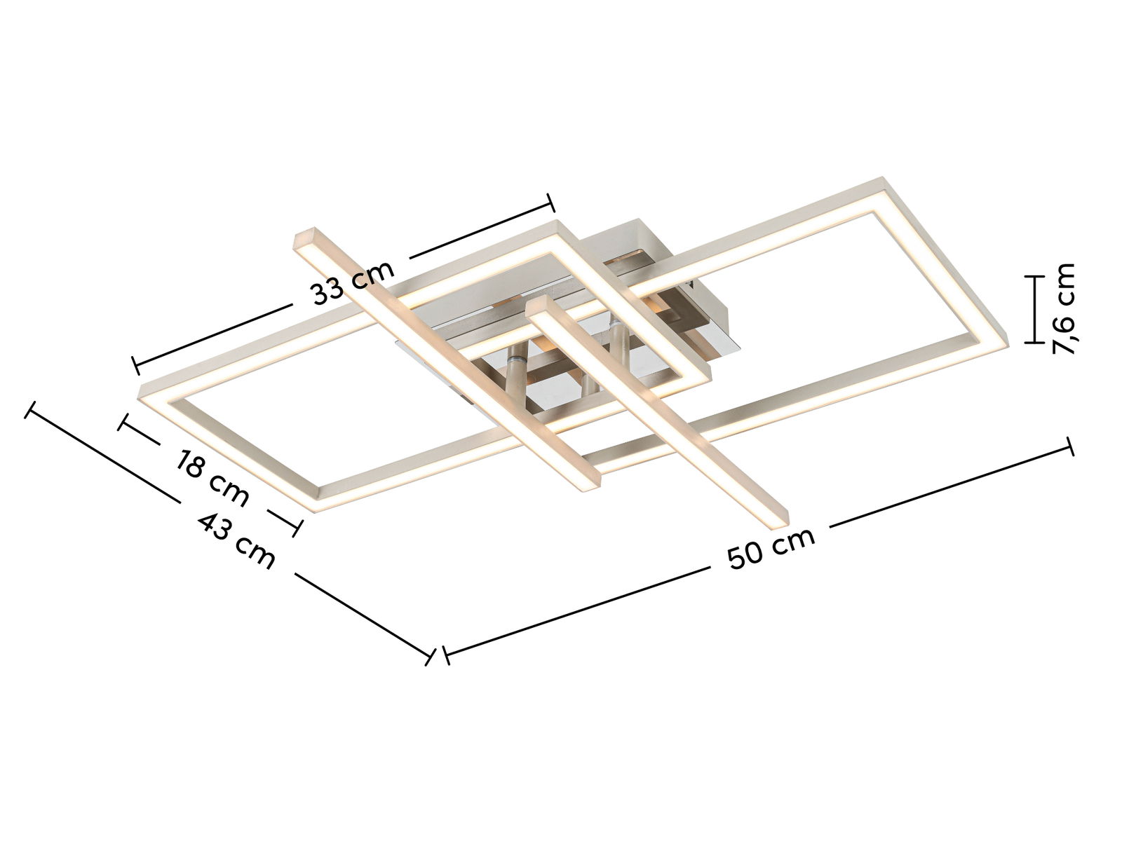 Moderne LED-Deckenleuchte mit rechteckigem Design, seitliche Perspektive, Maße: 50 cm x 43 cm x 7,6 cm.