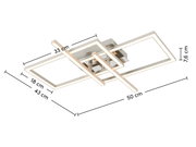 Moderne led-plafondlamp met rechthoekig ontwerp, zijaanzicht, afmetingen: 50 cm x 43 cm x 7,6 cm.