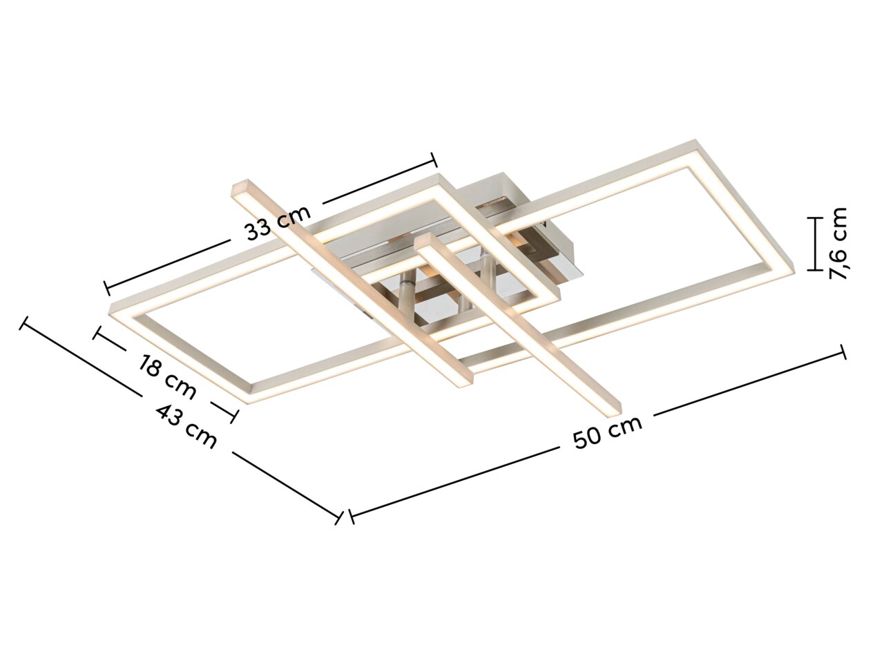 Moderne led-plafondlamp met rechthoekig ontwerp, zijaanzicht, afmetingen: 50 cm x 43 cm x 7,6 cm.