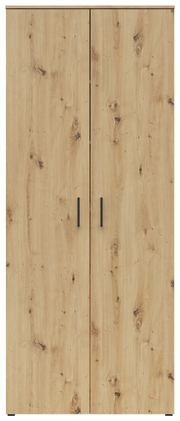 Frontansicht eines Mehrzweckschranks mit Holzoptik und zwei Türen.