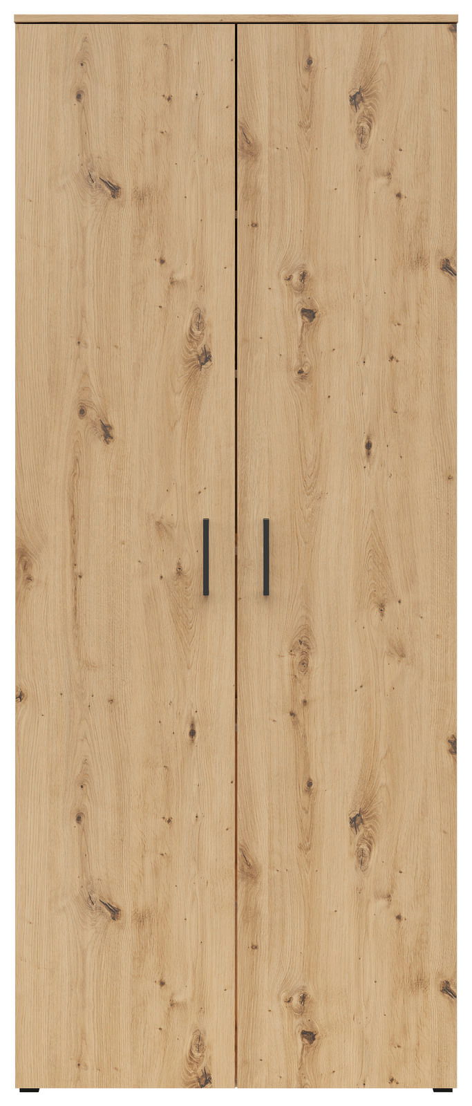 Frontansicht eines Mehrzweckschranks mit Holzoptik und zwei Türen.