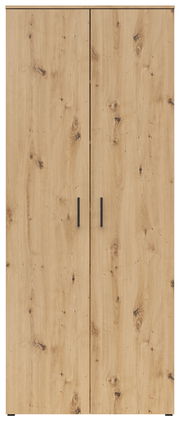 Frontansicht eines Mehrzweckschranks mit Holzoptik und zwei Türen.