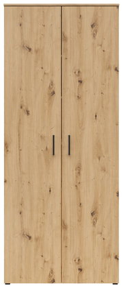 Vooraanzicht van een multifunctionele kast met houtlook en twee deuren.