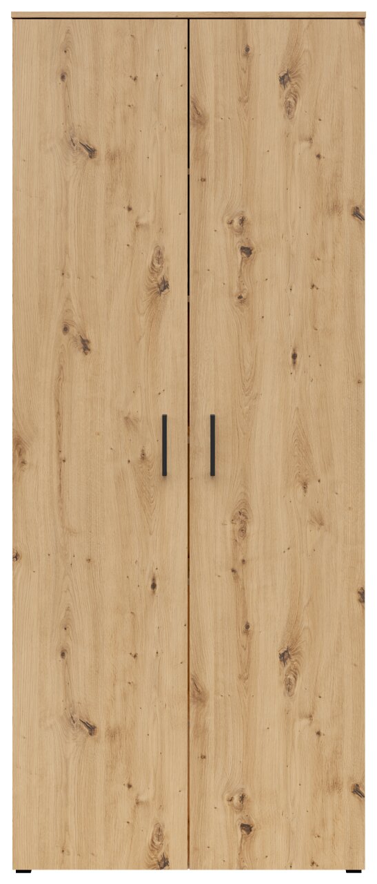 Vooraanzicht van een multifunctionele kast met houtlook en twee deuren.