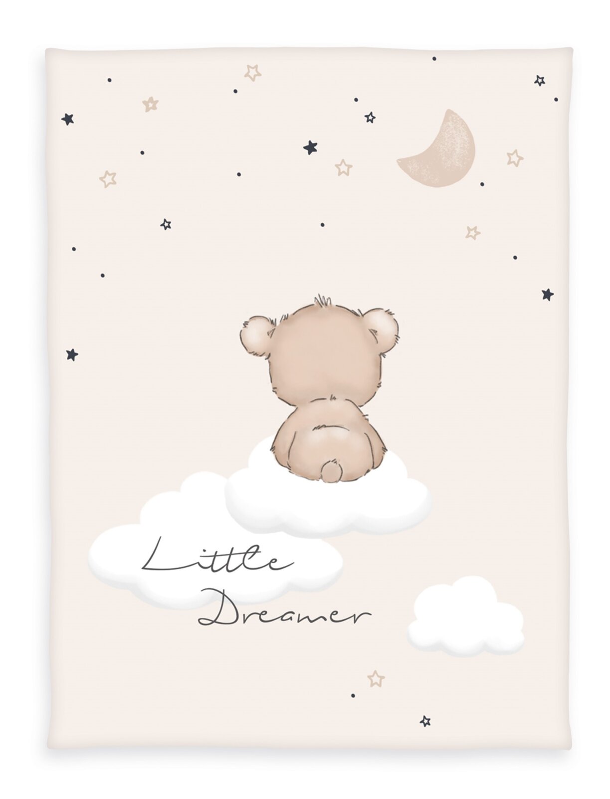 Weiche Decke mit einem niedlichen Bären, der auf einer Wolke sitzt, umgeben von Sternen und einem Mond, mit der Aufschrift 'Little Dreamer'. Draufsicht.
